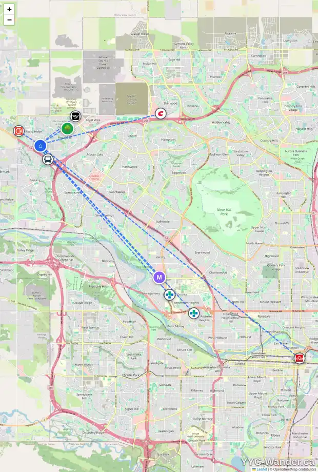 Daily accessibility map for 53 ROCKY RIDGE GD NW, Calgary showing nearby schools, grocery stores, parks, LRT stations and nearby amenities