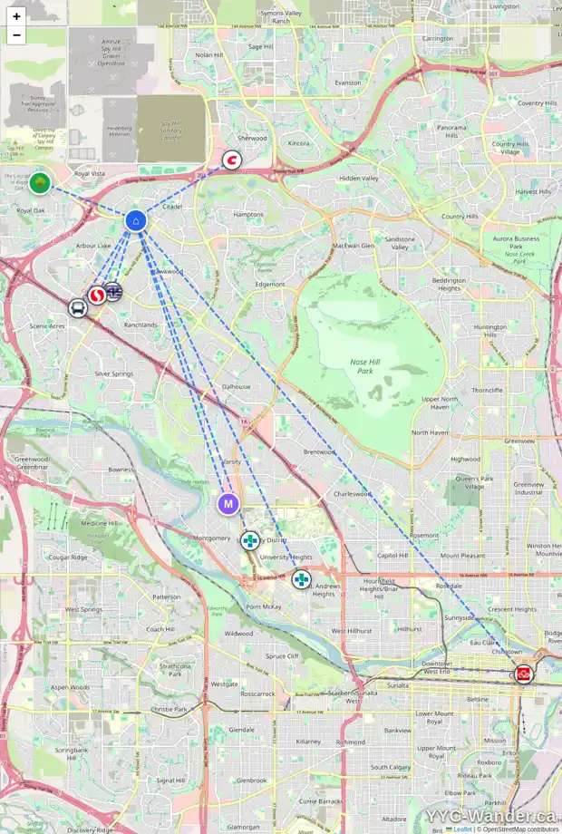 Daily accessibility map for 69 ARBOUR RIDGE CL NW, Calgary showing nearby schools, grocery stores, parks, LRT stations and nearby amenities