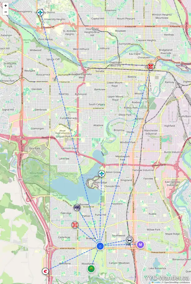 Daily accessibility map for 11439 BRANIFF RD SW, Calgary showing nearby schools, grocery stores, parks, LRT stations and nearby amenities