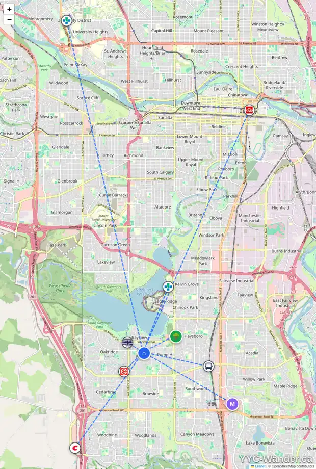 Daily accessibility map for 2219 PALISWOOD BA SW, Calgary showing nearby schools, grocery stores, parks, LRT stations and nearby amenities