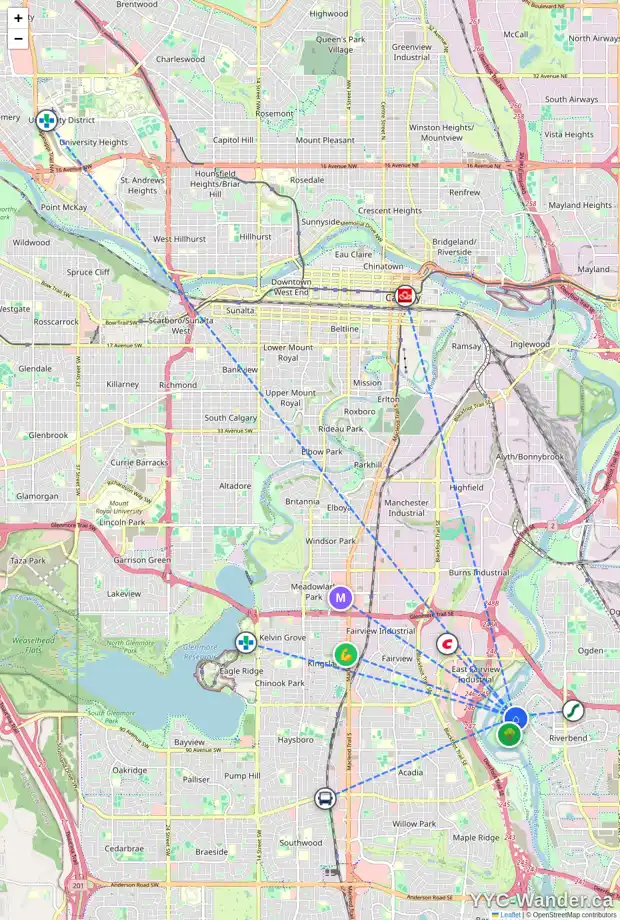 Daily accessibility map for 83 RIVERSIDE CL SE, Calgary showing nearby schools, grocery stores, parks, LRT stations and nearby amenities