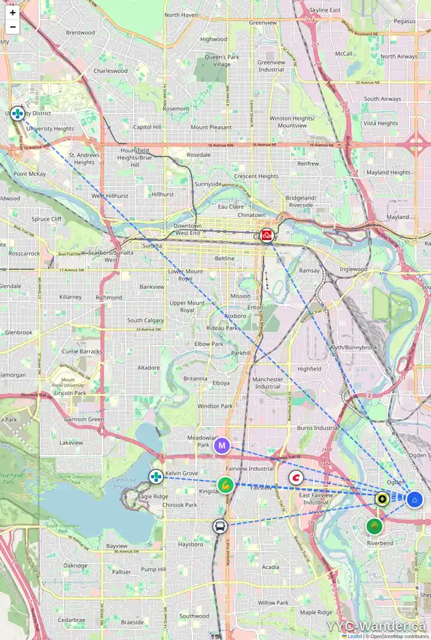 Daily accessibility map for 7608 23 ST SE, Calgary showing nearby schools, grocery stores, parks, LRT stations and nearby amenities