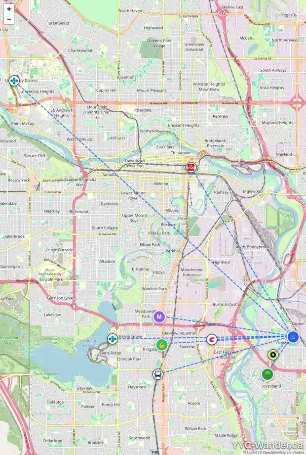 Daily accessibility map for 7008 22A ST SE, Calgary showing nearby schools, grocery stores, parks, LRT stations and nearby amenities