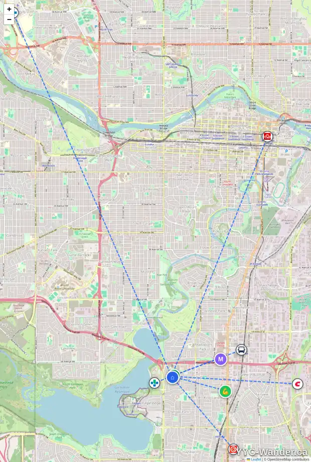 Daily accessibility map for 1319 KLONDIKE AV SW, Calgary showing nearby schools, grocery stores, parks, LRT stations and nearby amenities