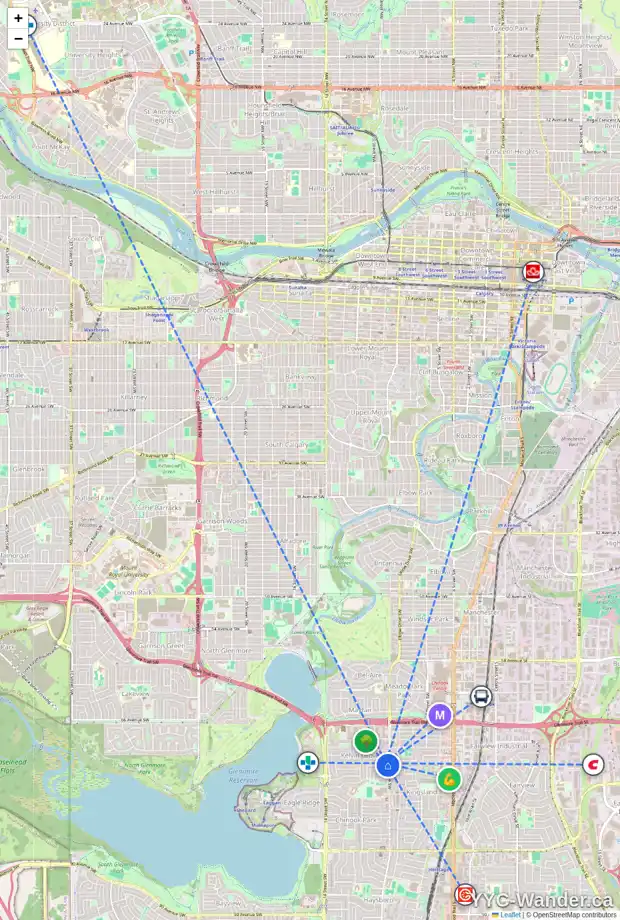 Daily accessibility map for 7219 KEEWATIN ST SW, Calgary showing nearby schools, grocery stores, parks, LRT stations and nearby amenities