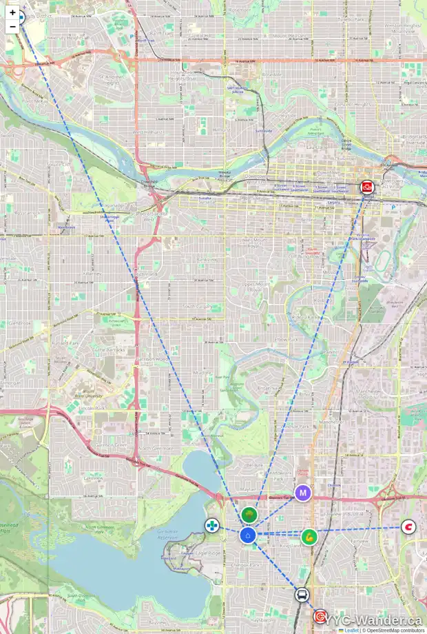 Daily accessibility map for 7331 11 ST SW, Calgary showing nearby schools, grocery stores, parks, LRT stations and nearby amenities