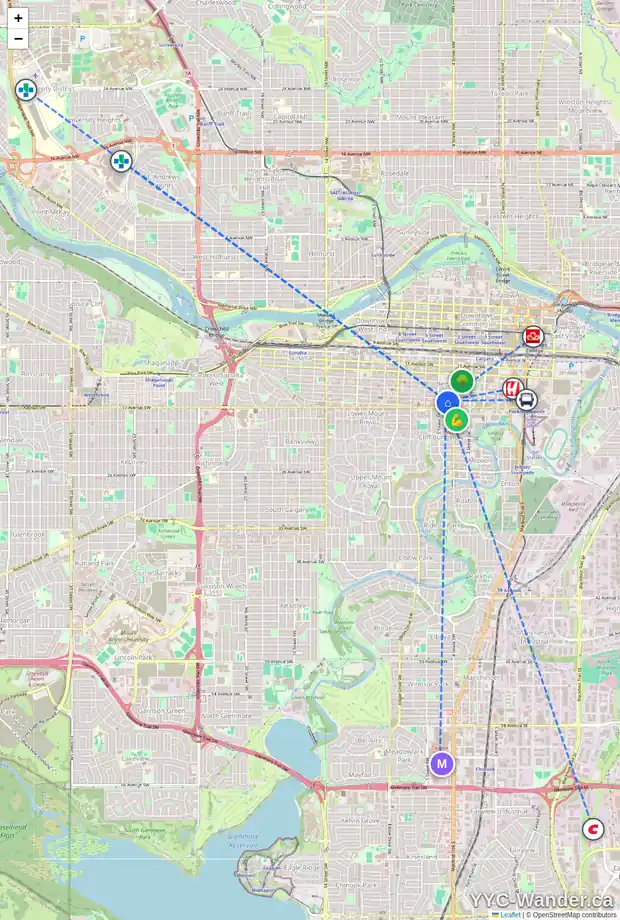 Daily accessibility map for 201 523 15 AV SW, Calgary showing nearby schools, grocery stores, parks, LRT stations and nearby amenities