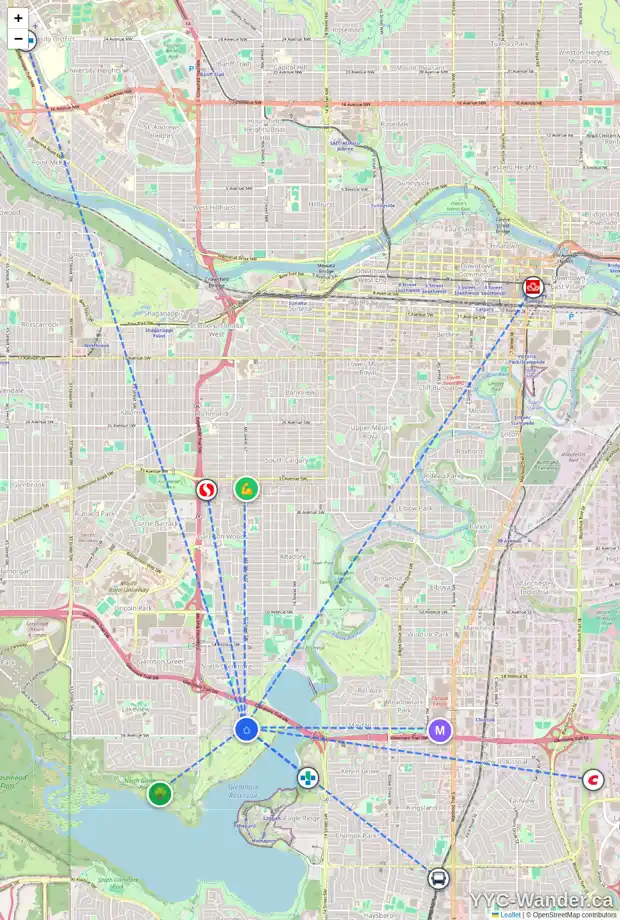 Daily accessibility map for 6507 20 ST SW, Calgary showing nearby schools, grocery stores, parks, LRT stations and nearby amenities