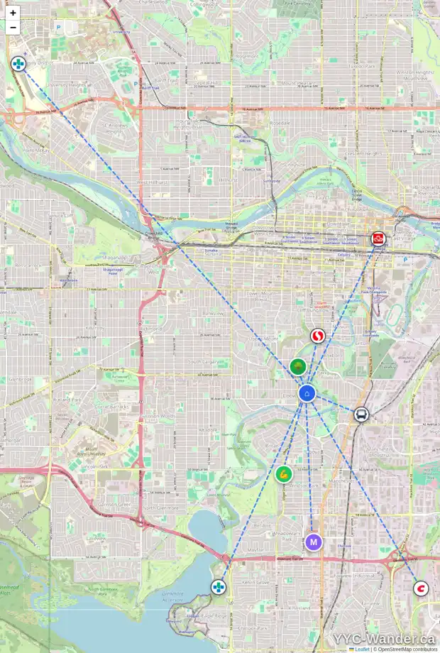 Daily accessibility map for 344 37 AV SW, Calgary showing nearby schools, grocery stores, parks, LRT stations and nearby amenities