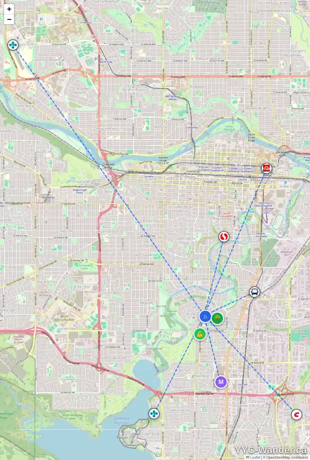 Daily accessibility map for 4716 ELBOW DR SW, Calgary showing nearby schools, grocery stores, parks, LRT stations and nearby amenities