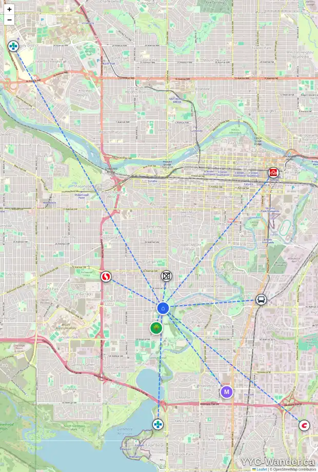 Daily accessibility map for 4303 14A ST SW, Calgary showing nearby schools, grocery stores, parks, LRT stations and nearby amenities