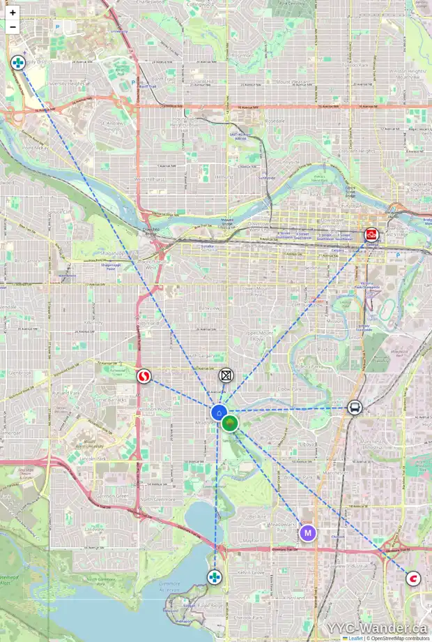 Daily accessibility map for 4204 15 ST SW, Calgary showing nearby schools, grocery stores, parks, LRT stations and nearby amenities