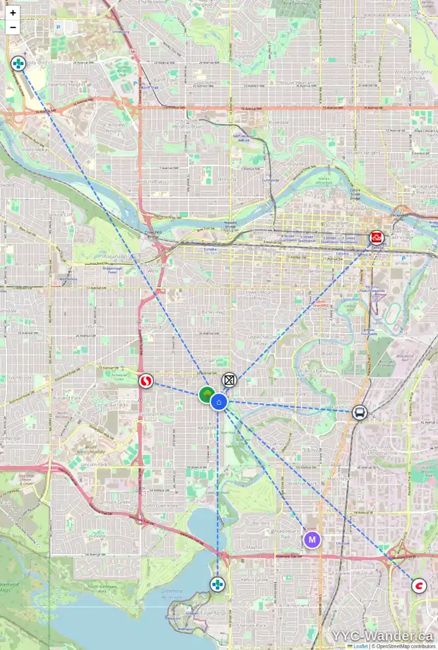Daily accessibility map for 3915 15 ST SW, Calgary showing nearby schools, grocery stores, parks, LRT stations and nearby amenities