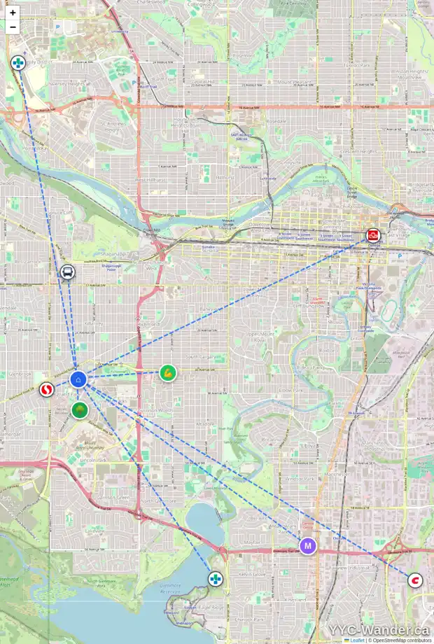 Daily accessibility map for 3324 35 AV SW, Calgary showing nearby schools, grocery stores, parks, LRT stations and nearby amenities