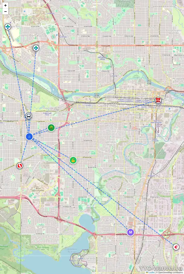Daily accessibility map for 2428 34 ST SW, Calgary showing nearby schools, grocery stores, parks, LRT stations and nearby amenities