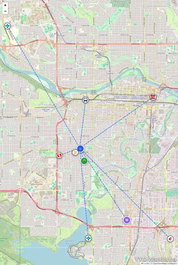 Daily accessibility map for 1823 31 AV SW, Calgary showing nearby schools, grocery stores, parks, LRT stations and nearby amenities