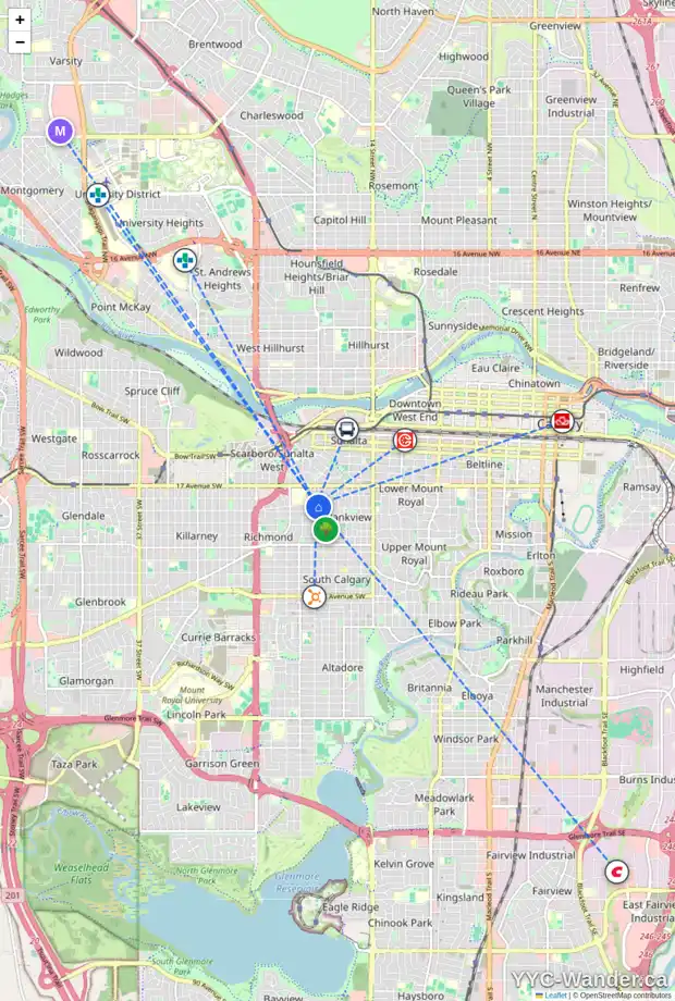 Daily accessibility map for 2117 18A ST SW, Calgary showing nearby schools, grocery stores, parks, LRT stations and nearby amenities