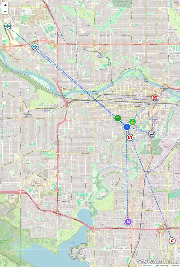 Daily accessibility map for 611 ROYAL AV SW, Calgary showing nearby schools, grocery stores, parks, LRT stations and nearby amenities
