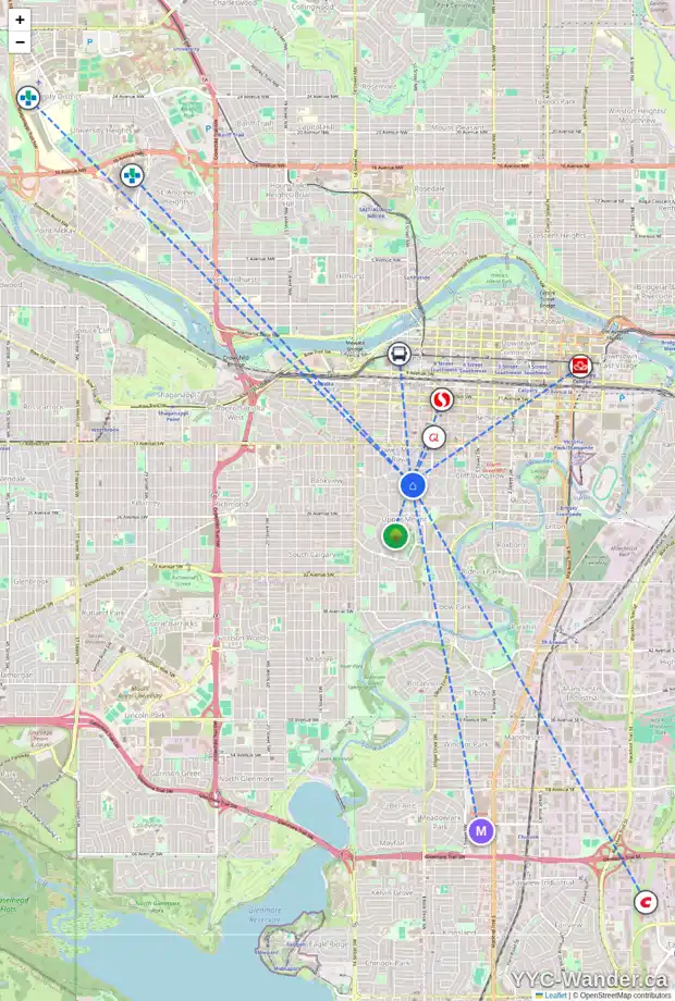 Daily accessibility map for 1040 SYDENHAM RD SW, Calgary showing nearby schools, grocery stores, parks, LRT stations and nearby amenities
