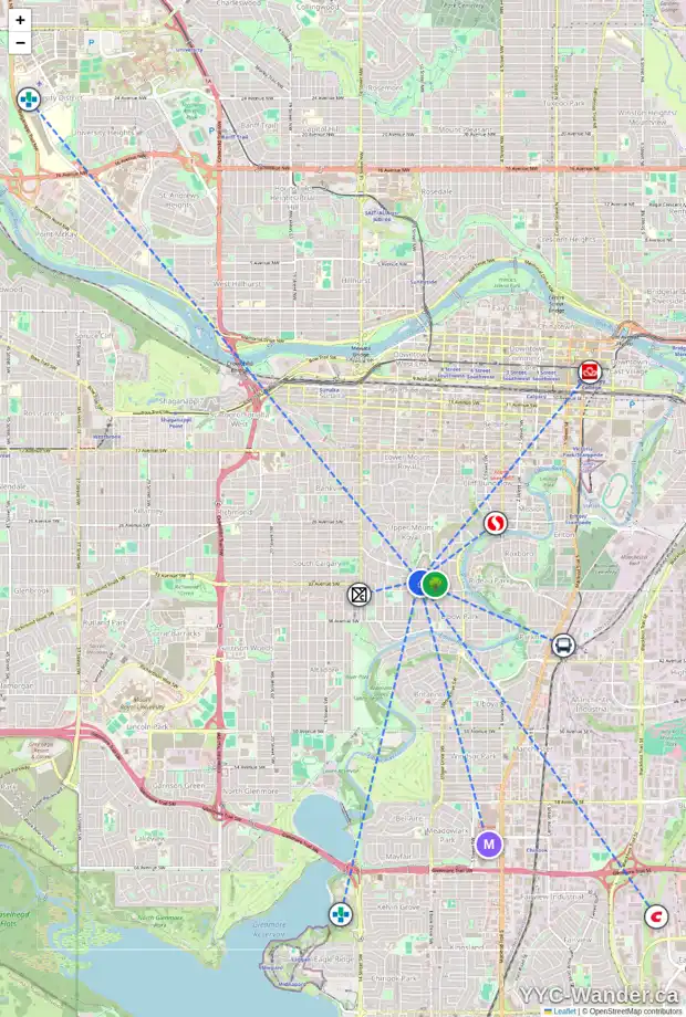 Daily accessibility map for 3406 8A ST SW, Calgary showing nearby schools, grocery stores, parks, LRT stations and nearby amenities
