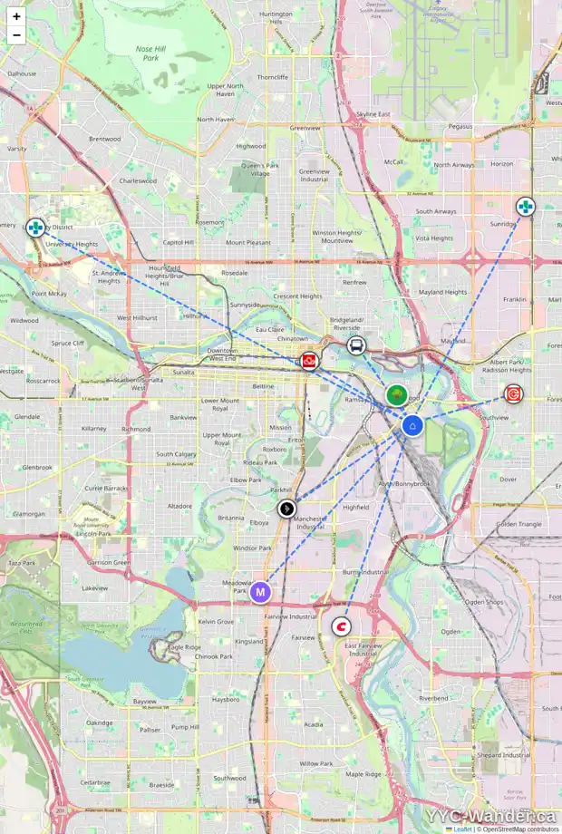 Daily accessibility map for 2323 16 ST SE, Calgary showing nearby schools, grocery stores, parks, LRT stations and nearby amenities