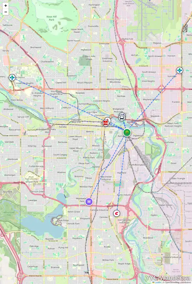 Daily accessibility map for 1205 10 AV SE, Calgary showing nearby schools, grocery stores, parks, LRT stations and nearby amenities