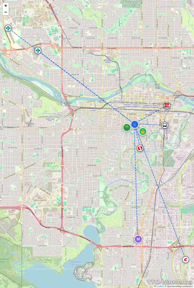 Daily accessibility map for 203 626 15 AV SW, Calgary showing nearby schools, grocery stores, parks, LRT stations and nearby amenities