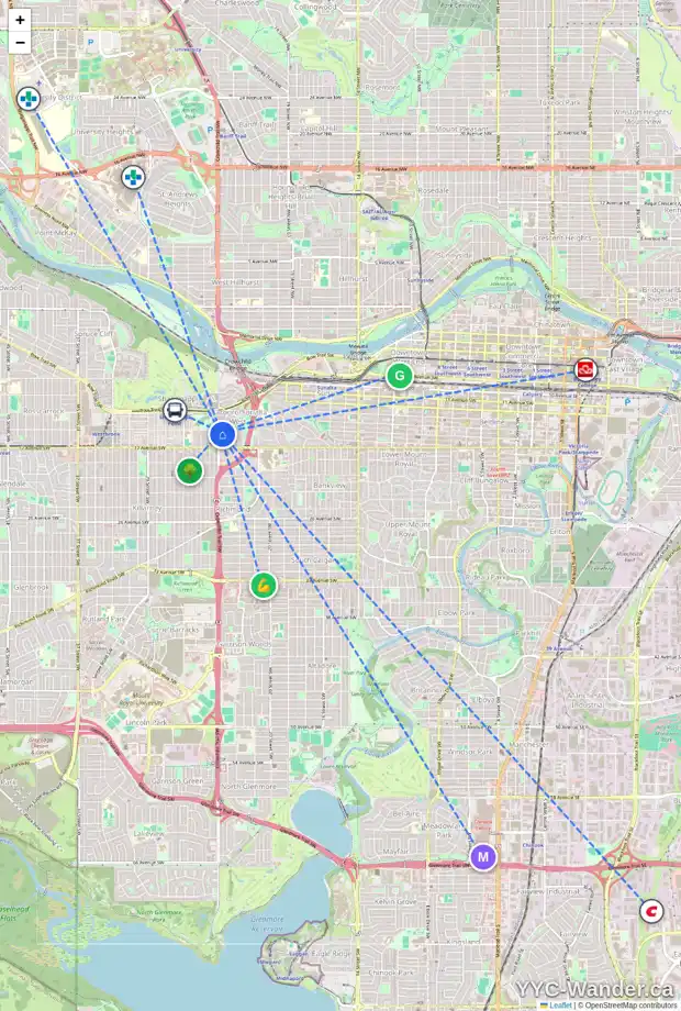 Daily accessibility map for 1706 24 ST SW, Calgary showing nearby schools, grocery stores, parks, LRT stations and nearby amenities