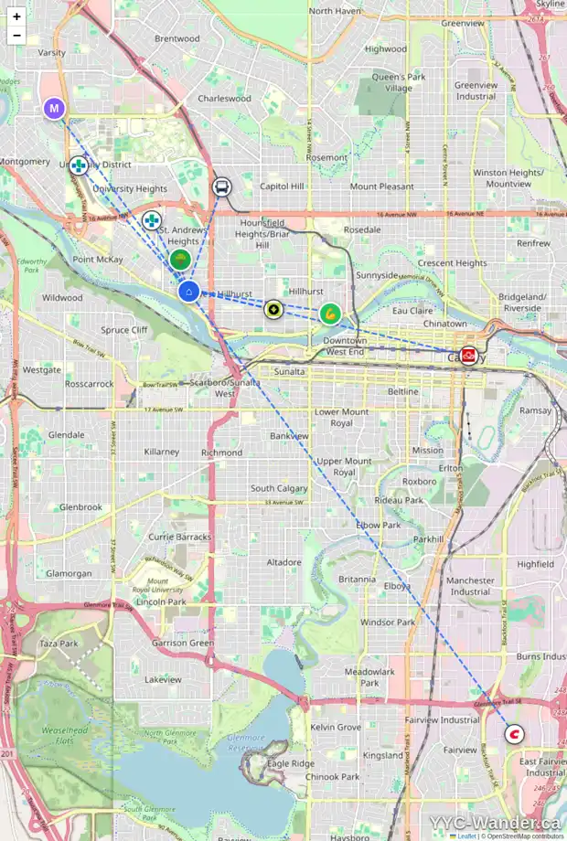 Daily accessibility map for 2713 4 AV NW, Calgary showing nearby schools, grocery stores, parks, LRT stations and nearby amenities