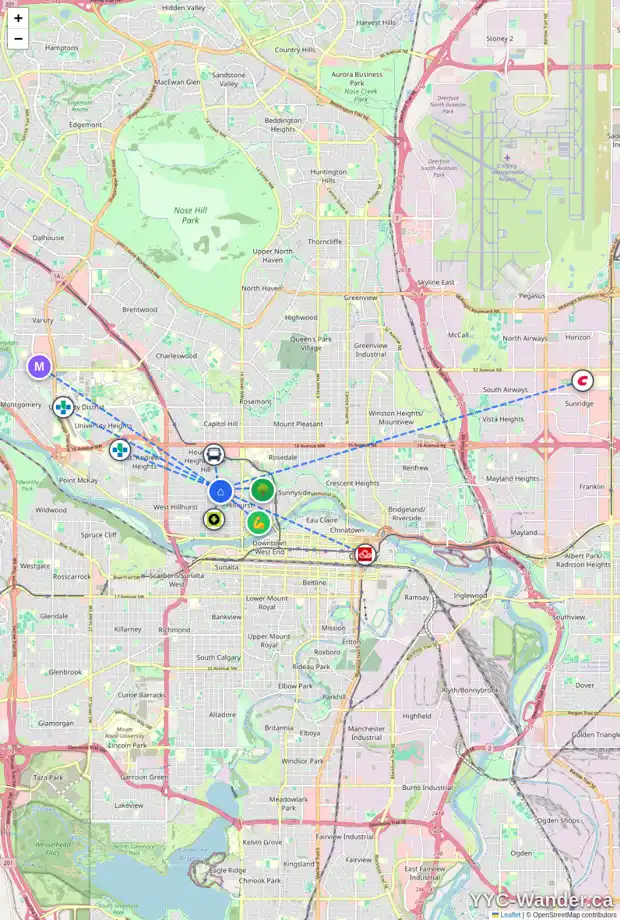 Daily accessibility map for 1769 7 AV NW, Calgary showing nearby schools, grocery stores, parks, LRT stations and nearby amenities