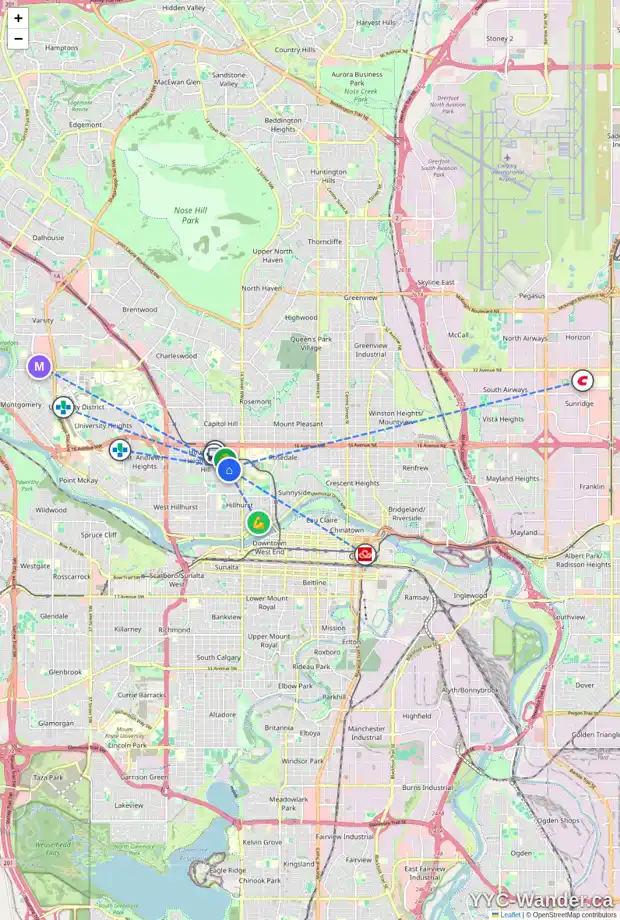 Daily accessibility map for 1235 16A ST NW, Calgary showing nearby schools, grocery stores, parks, LRT stations and nearby amenities