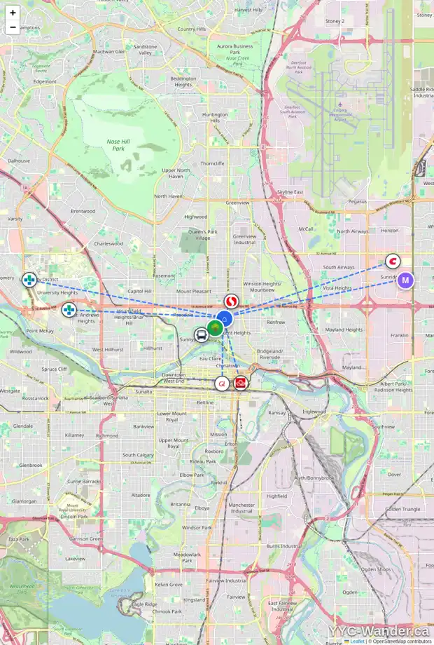 Daily accessibility map for 1314 1 ST NW, Calgary showing nearby schools, grocery stores, parks, LRT stations and nearby amenities