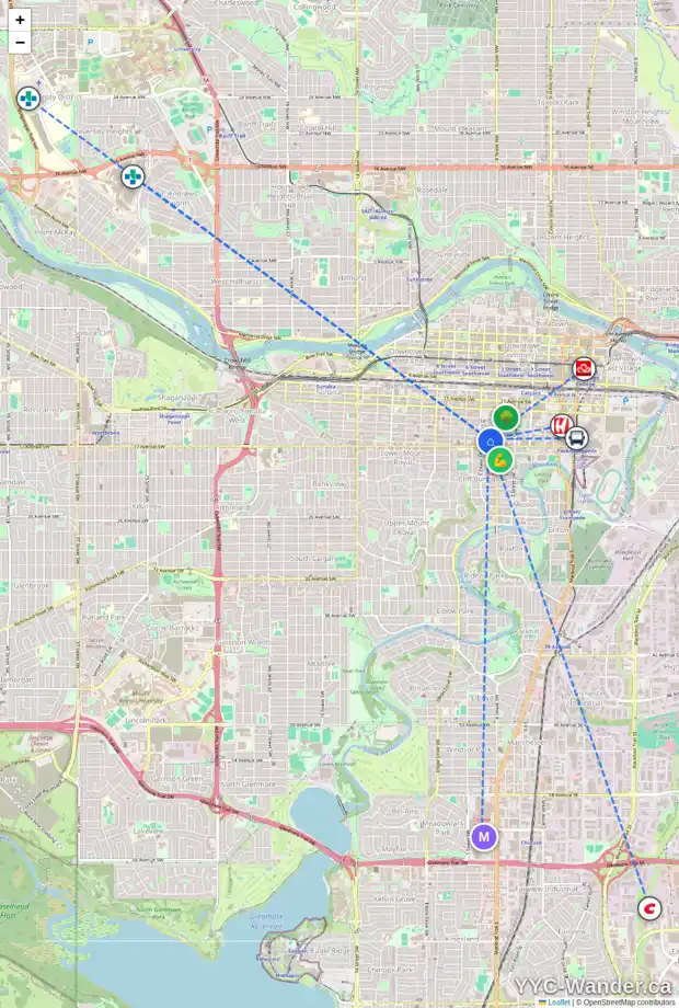 Daily accessibility map for 603 523 15 AV SW, Calgary showing nearby schools, grocery stores, parks, LRT stations and nearby amenities