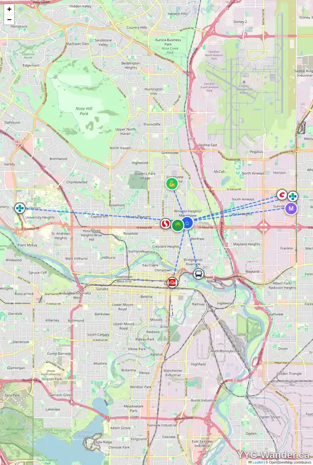 Daily accessibility map for 640 18 AV NE, Calgary showing nearby schools, grocery stores, parks, LRT stations and nearby amenities