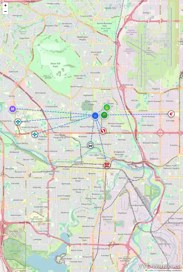 Daily accessibility map for 441 29 AV NW, Calgary showing nearby schools, grocery stores, parks, LRT stations and nearby amenities
