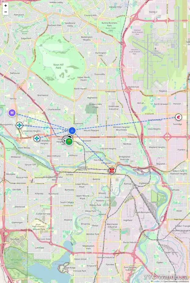 Daily accessibility map for 1601 21 AV NW, Calgary showing nearby schools, grocery stores, parks, LRT stations and nearby amenities