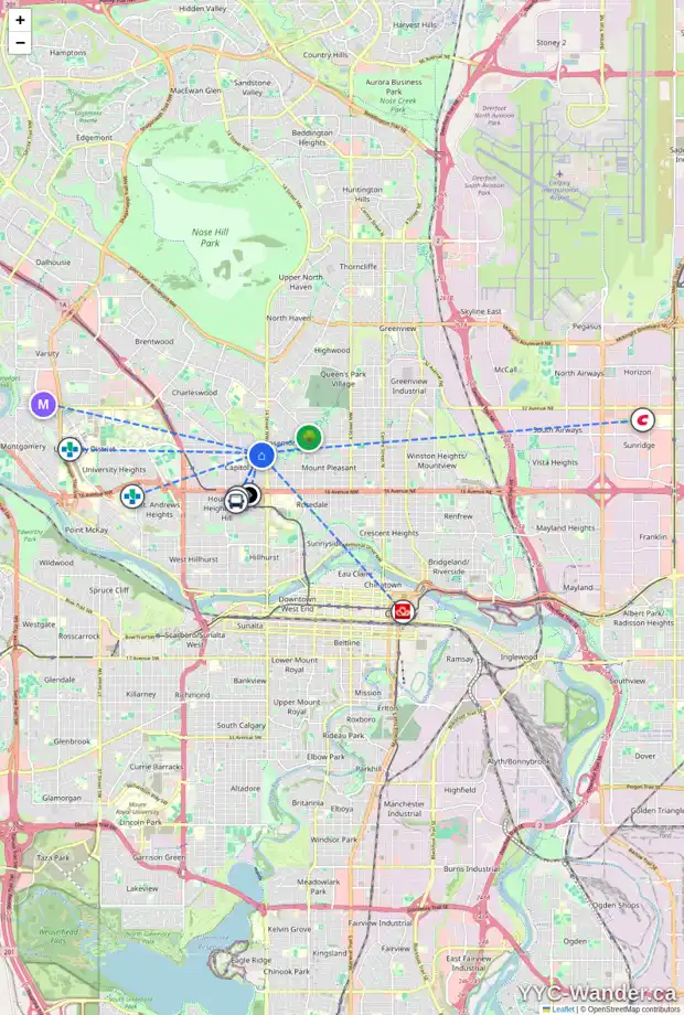 Daily accessibility map for 1536 23 AV NW, Calgary showing nearby schools, grocery stores, parks, LRT stations and nearby amenities