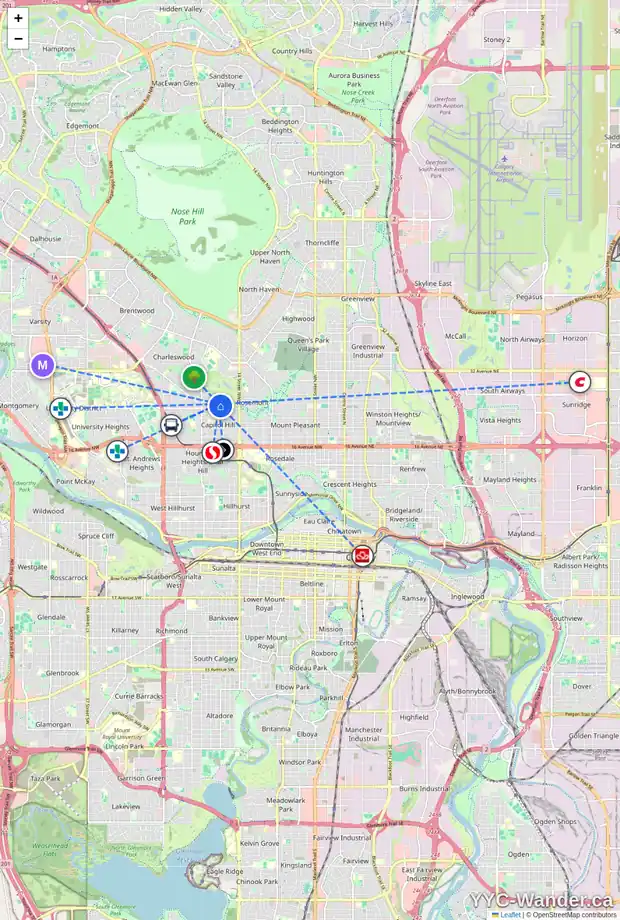 Daily accessibility map for 2521 16A ST NW, Calgary showing nearby schools, grocery stores, parks, LRT stations and nearby amenities