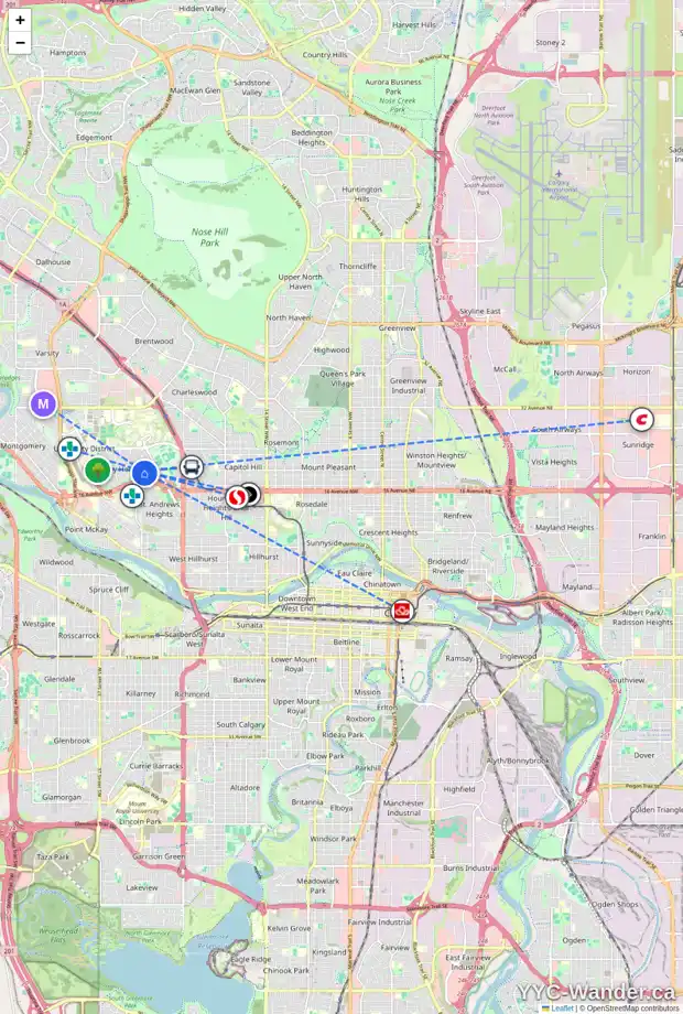 Daily accessibility map for 1936 UXBRIDGE DR NW, Calgary showing nearby schools, grocery stores, parks, LRT stations and nearby amenities