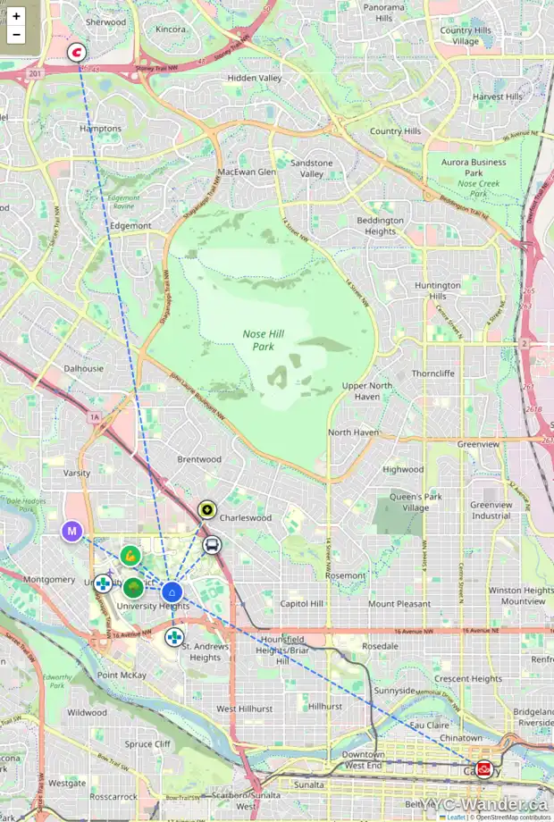Daily accessibility map for 3135 UPPER PL NW, Calgary showing nearby schools, grocery stores, parks, LRT stations and nearby amenities
