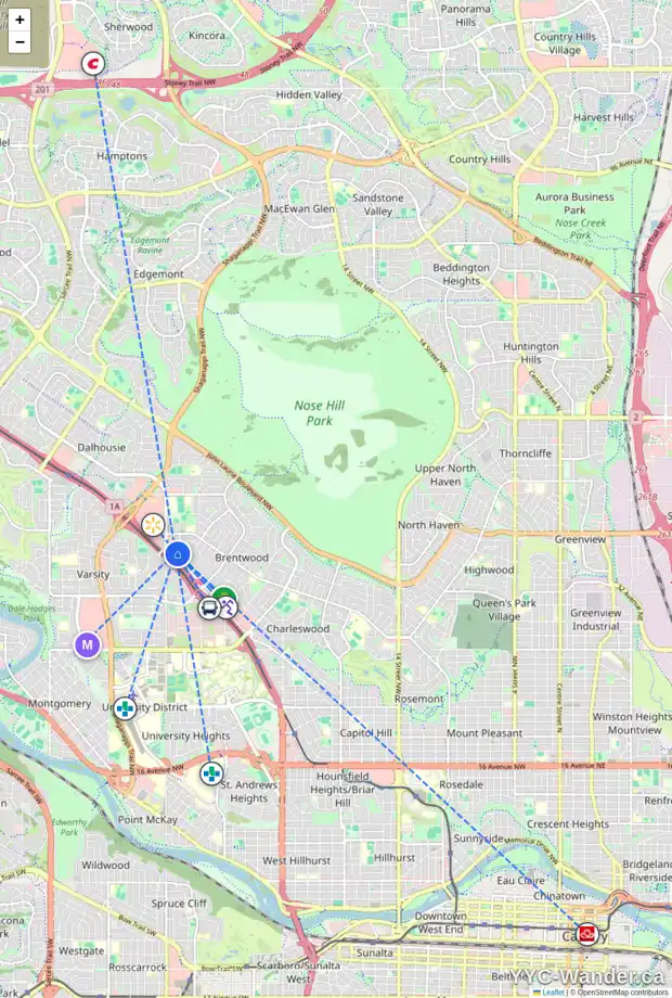 Daily accessibility map for 3511 BOULTON RD NW, Calgary showing nearby schools, grocery stores, parks, LRT stations and nearby amenities