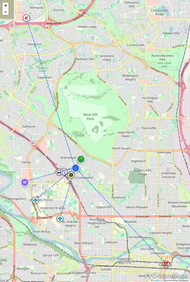 Daily accessibility map for 3843 BROOKLYN CR NW, Calgary showing nearby schools, grocery stores, parks, LRT stations and nearby amenities