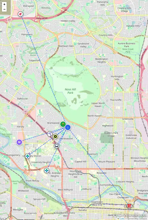 Daily accessibility map for 199 CAPRI AV NW, Calgary showing nearby schools, grocery stores, parks, LRT stations and nearby amenities