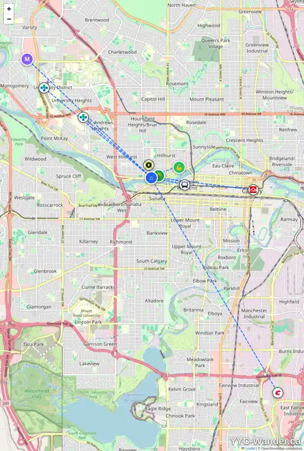 Daily accessibility map for 1834 WESTMOUNT BV NW, Calgary showing nearby schools, grocery stores, parks, LRT stations and nearby amenities