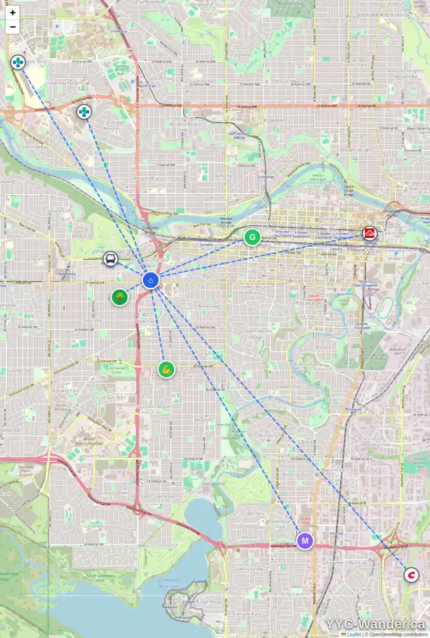 Daily accessibility map for 1736 SUFFOLK ST SW, Calgary showing nearby schools, grocery stores, parks, LRT stations and nearby amenities