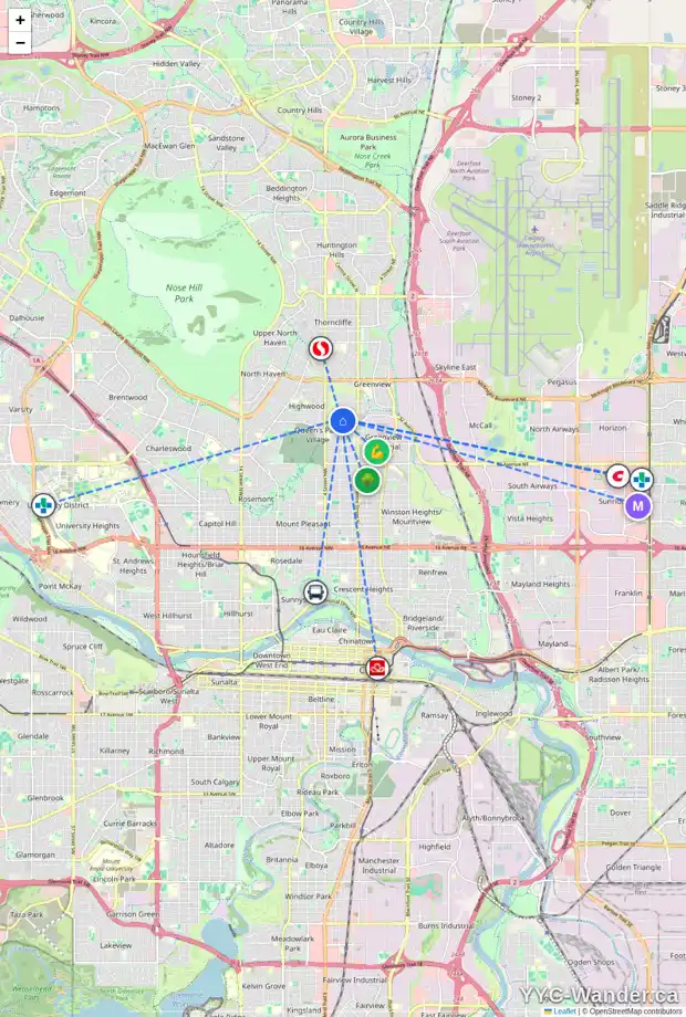Daily accessibility map for 4112 2 ST NW, Calgary showing nearby schools, grocery stores, parks, LRT stations and nearby amenities