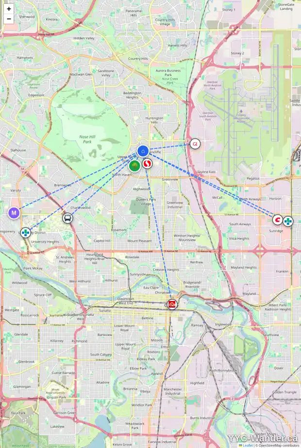 Daily accessibility map for 6120 THORNABY WY NW, Calgary showing nearby schools, grocery stores, parks, LRT stations and nearby amenities
