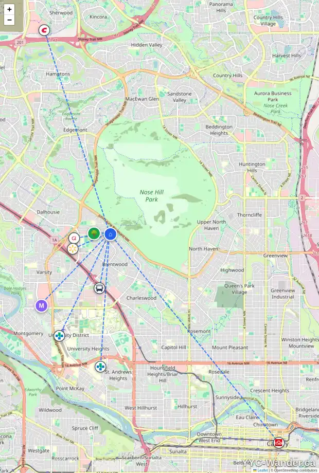 Daily accessibility map for 5327 CARNEY RD NW, Calgary showing nearby schools, grocery stores, parks, LRT stations and nearby amenities