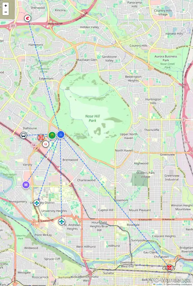 Daily accessibility map for 3406 BRETON CL NW, Calgary showing nearby schools, grocery stores, parks, LRT stations and nearby amenities