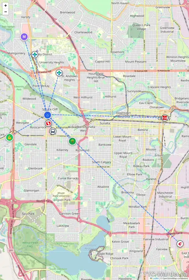 Daily accessibility map for 608 37 ST SW, Calgary showing nearby schools, grocery stores, parks, LRT stations and nearby amenities